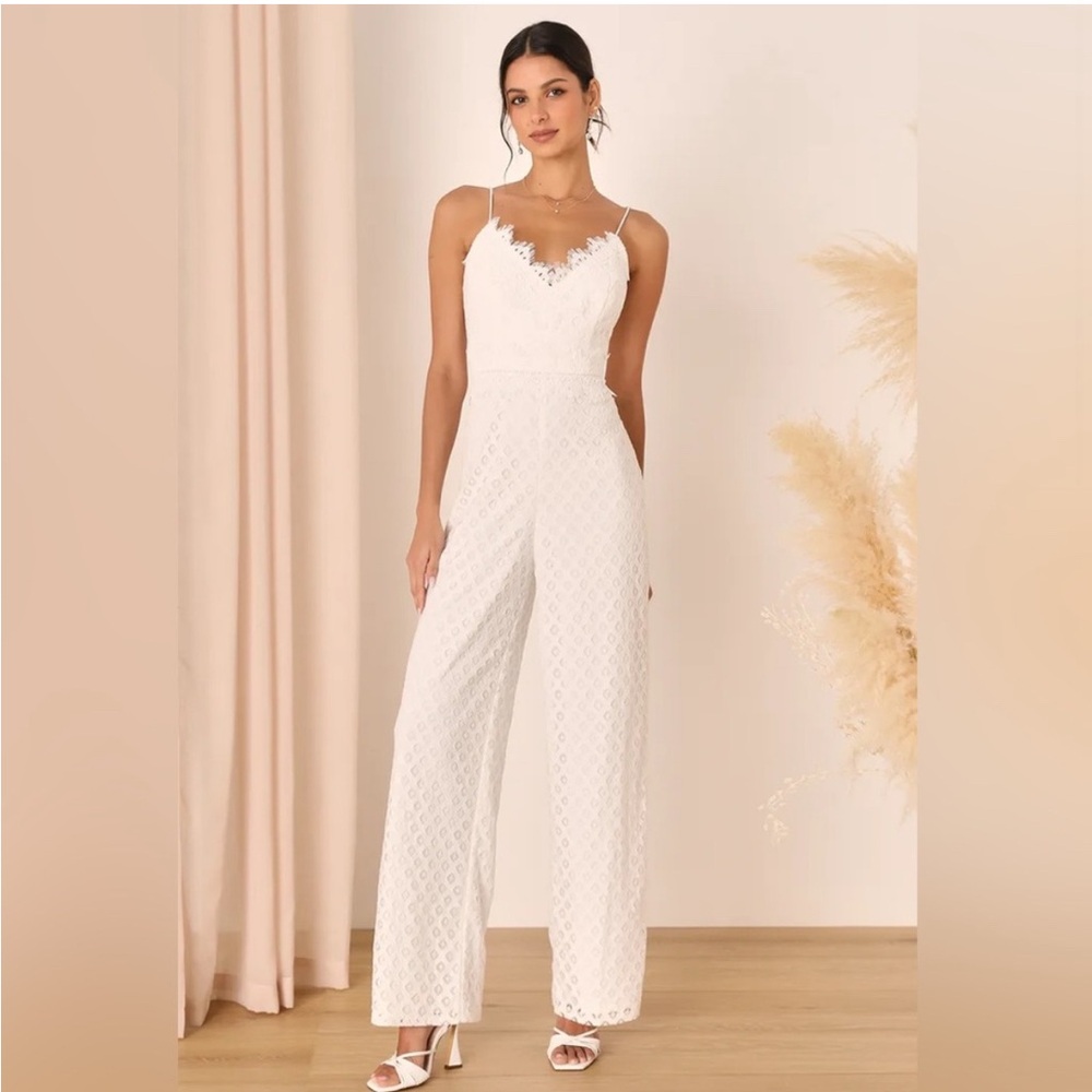 Lulus forever bliss Elegant White Lace Jumpsuit